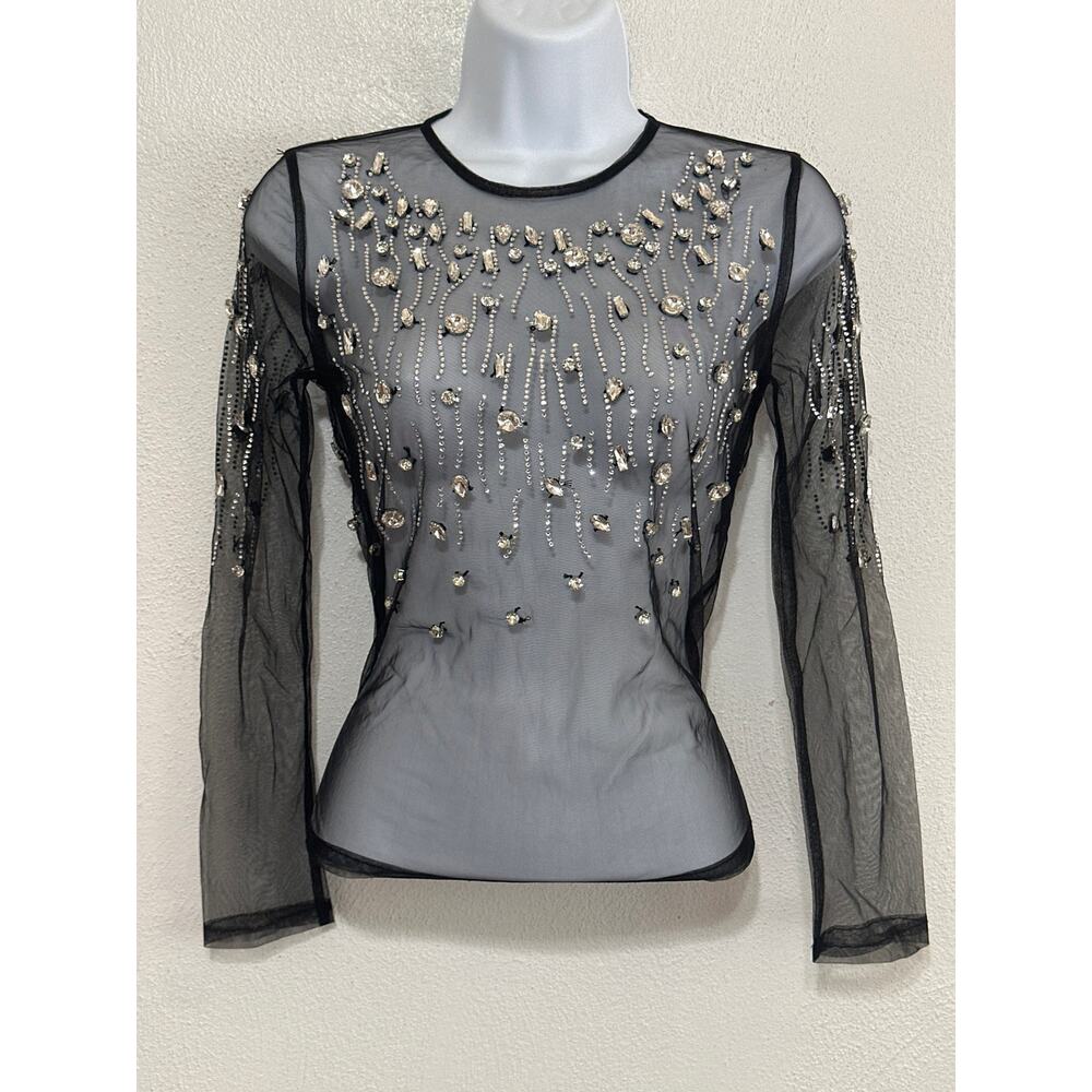 Beulah Rhinestone Beaded Sheer Mesh Top S NWT Black Silver Trendy Glam Goth